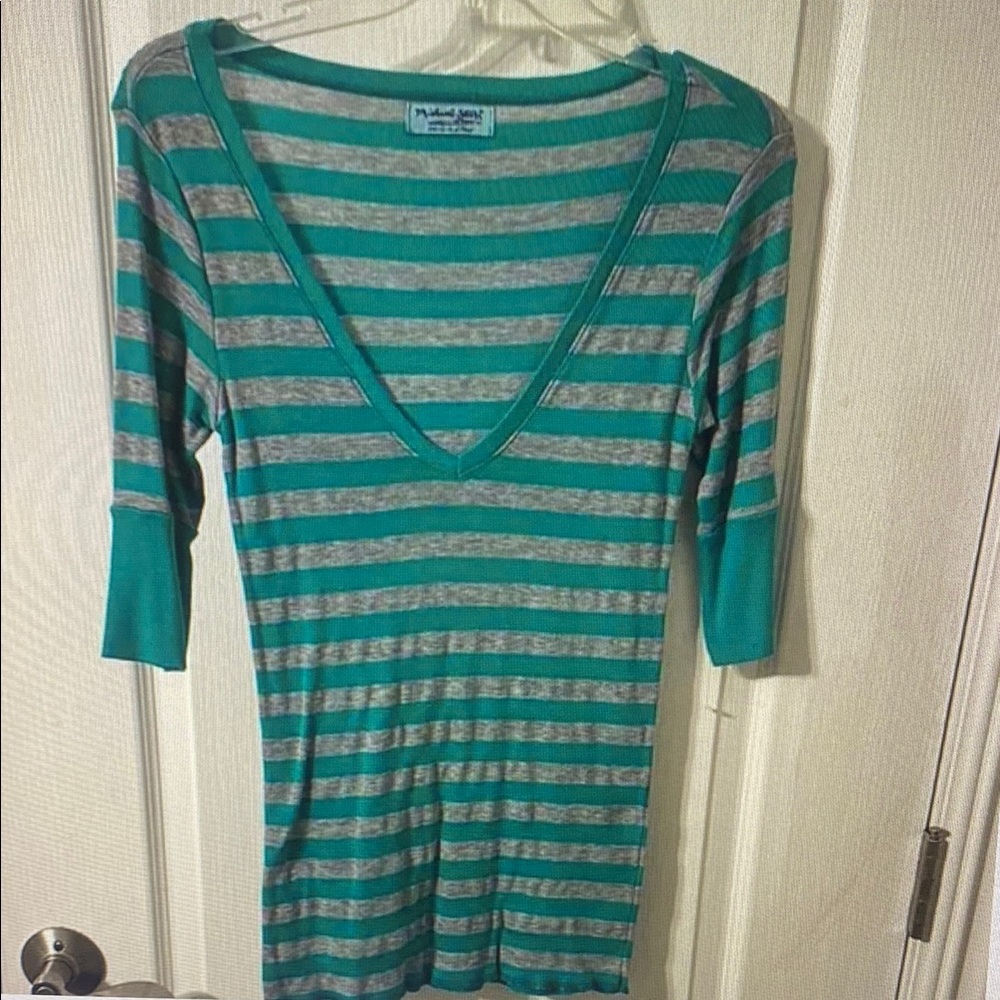 Michael Stars Teal and Gray Striped Blouse